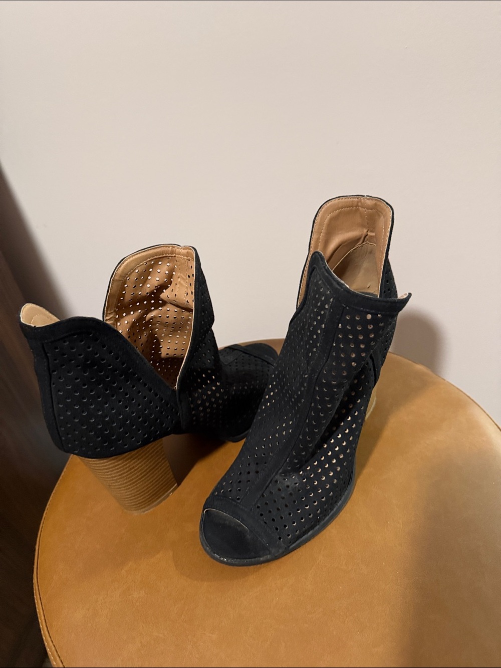 Qupid Black Perforated Peep-Toe Block Heel Booties
